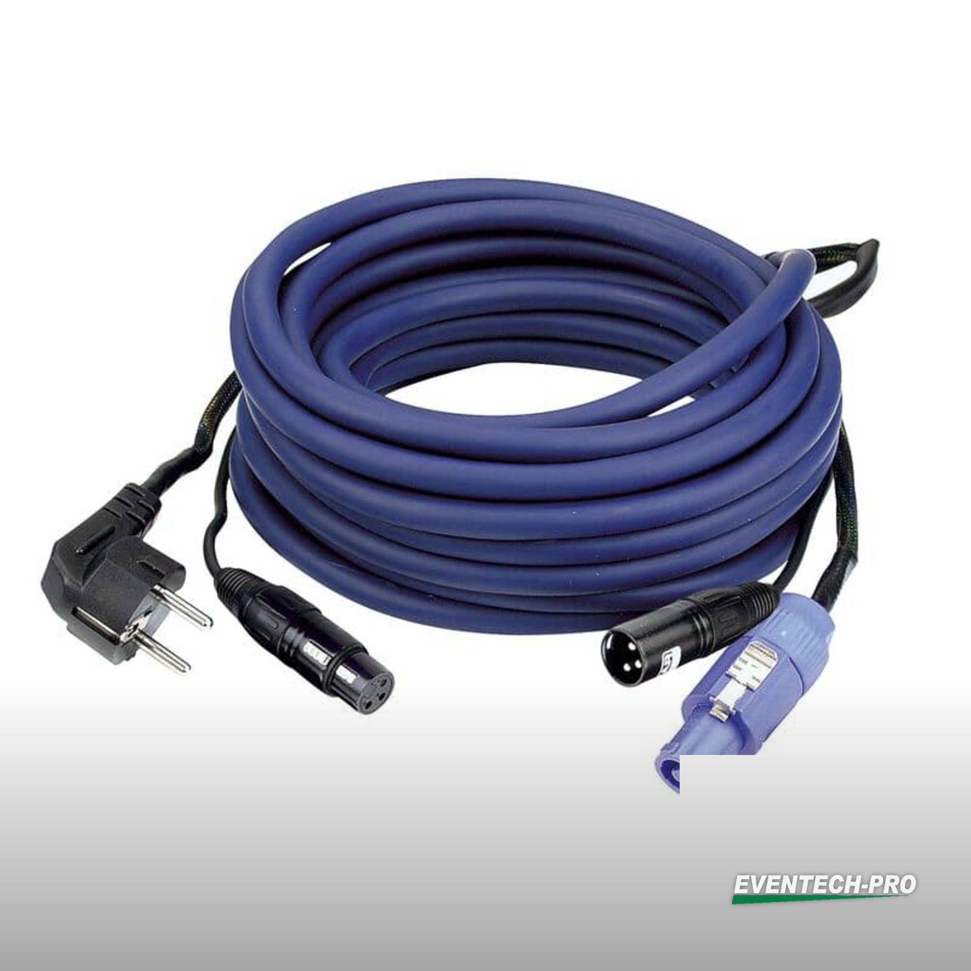 Kombikabel Schuko/XLR female -> Powercon (blau)/XLR male, 20m